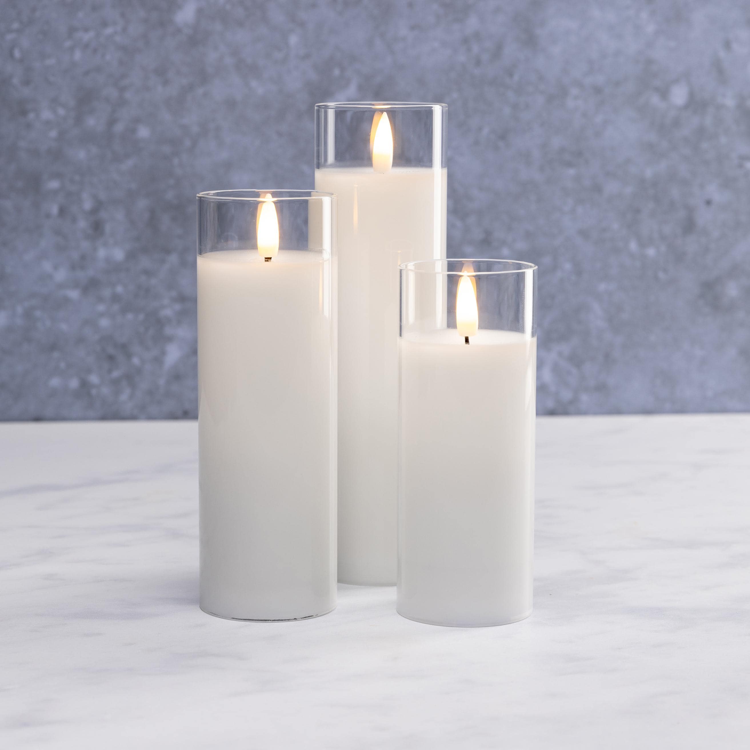 White Pillar Flameless LED Glass Candle Set of 3 – Battery Operated with Remote & Timer, Safe Home Décor, Modern Ambient Lighting, Weddings