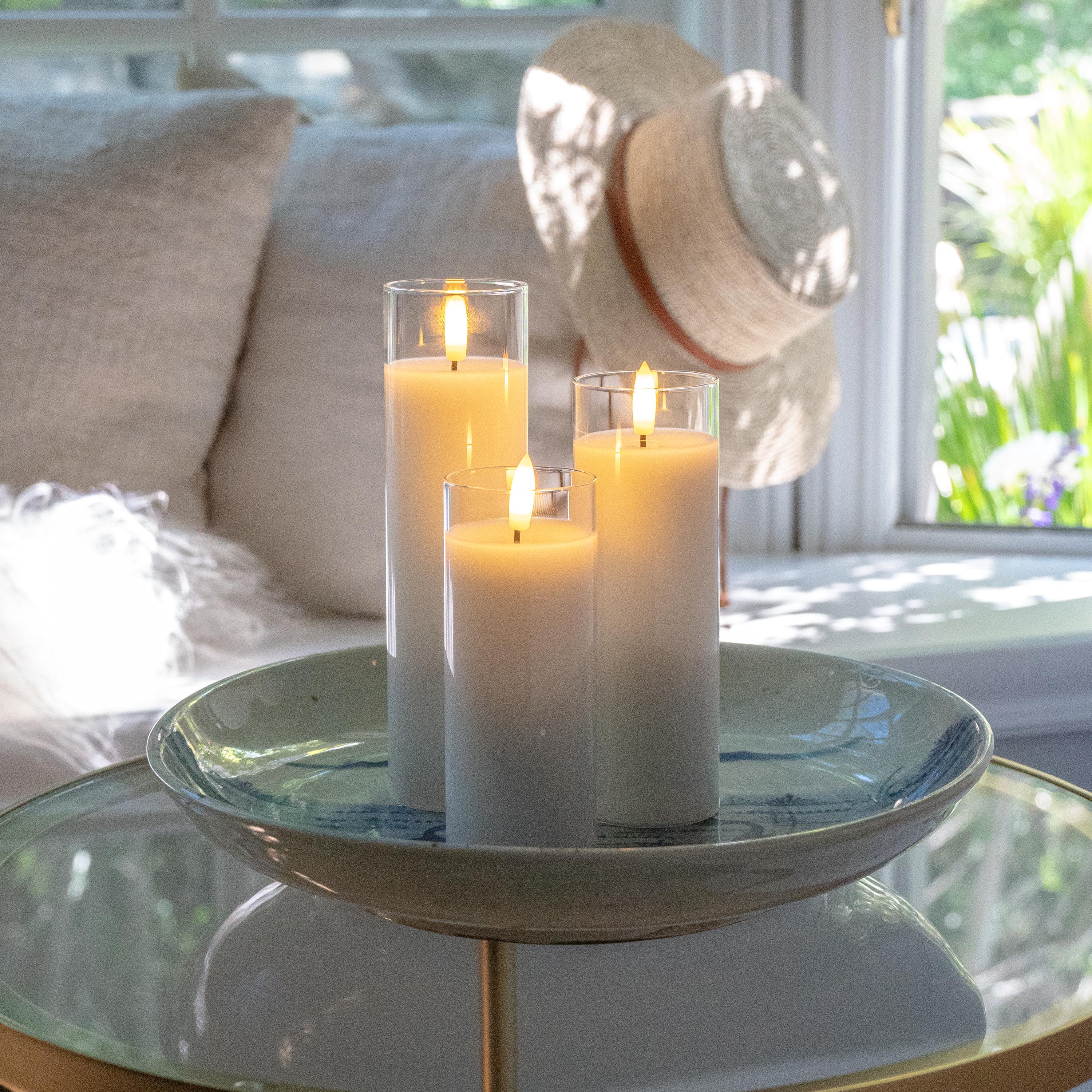 White Pillar Flameless LED Glass Candle Set of 3 – Battery Operated with Remote & Timer, Safe Home Décor, Modern Ambient Lighting, Weddings