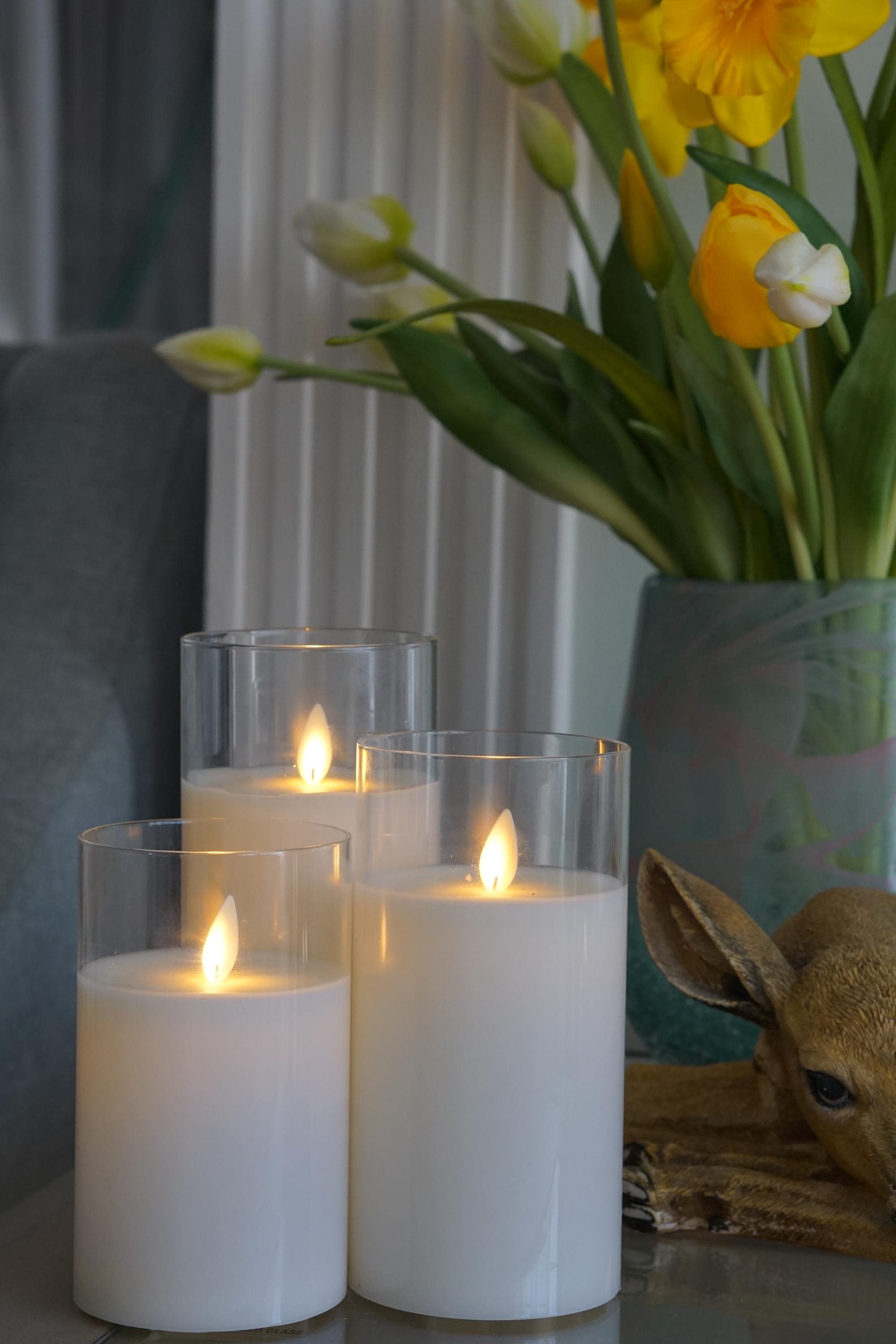 Flameless LED Candle Set: Flickering Wick Glass Pillar, Remote Timer, White