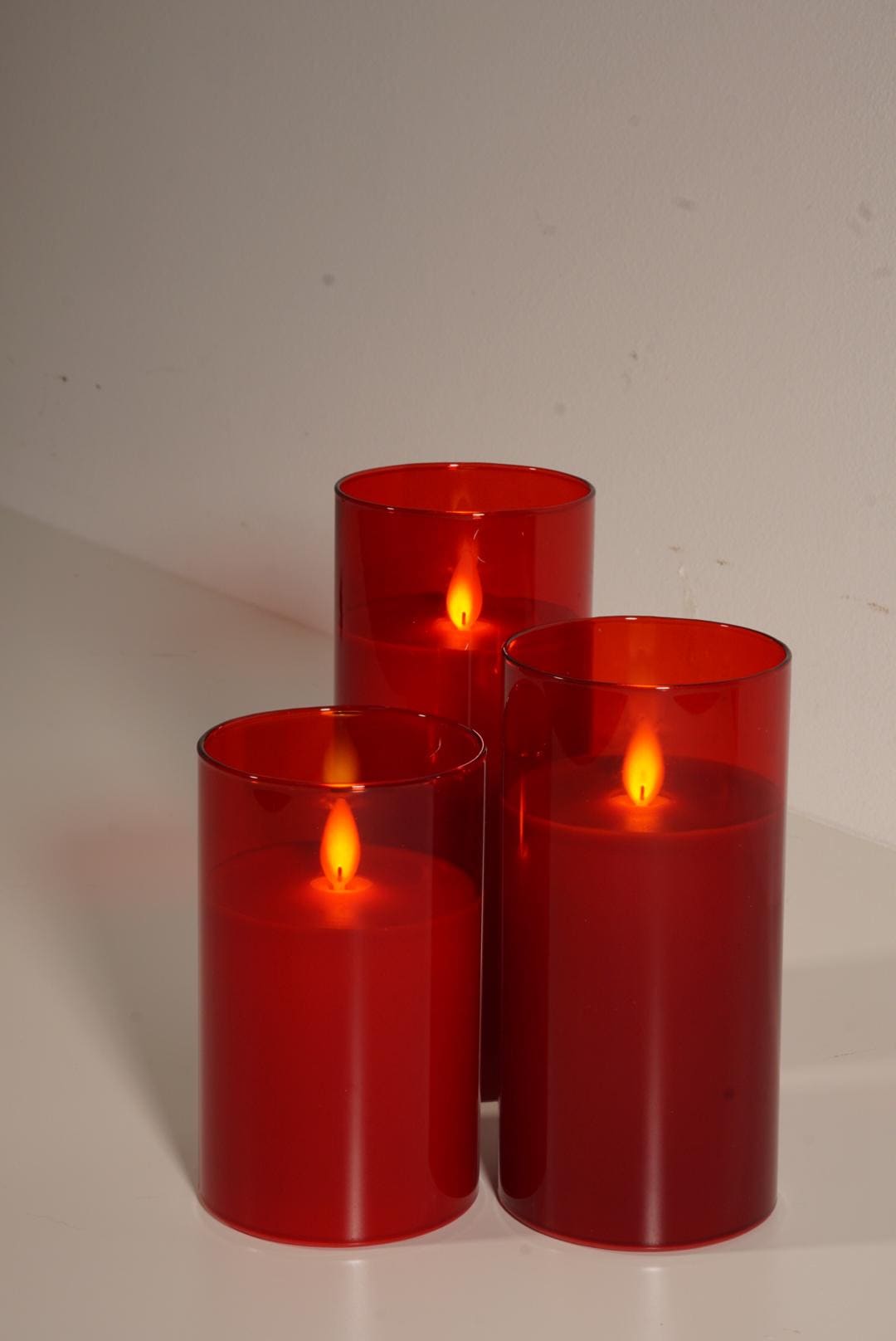 Flameless LED Candle Set: Flickering Wick Glass Pillar, Remote Timer, Red