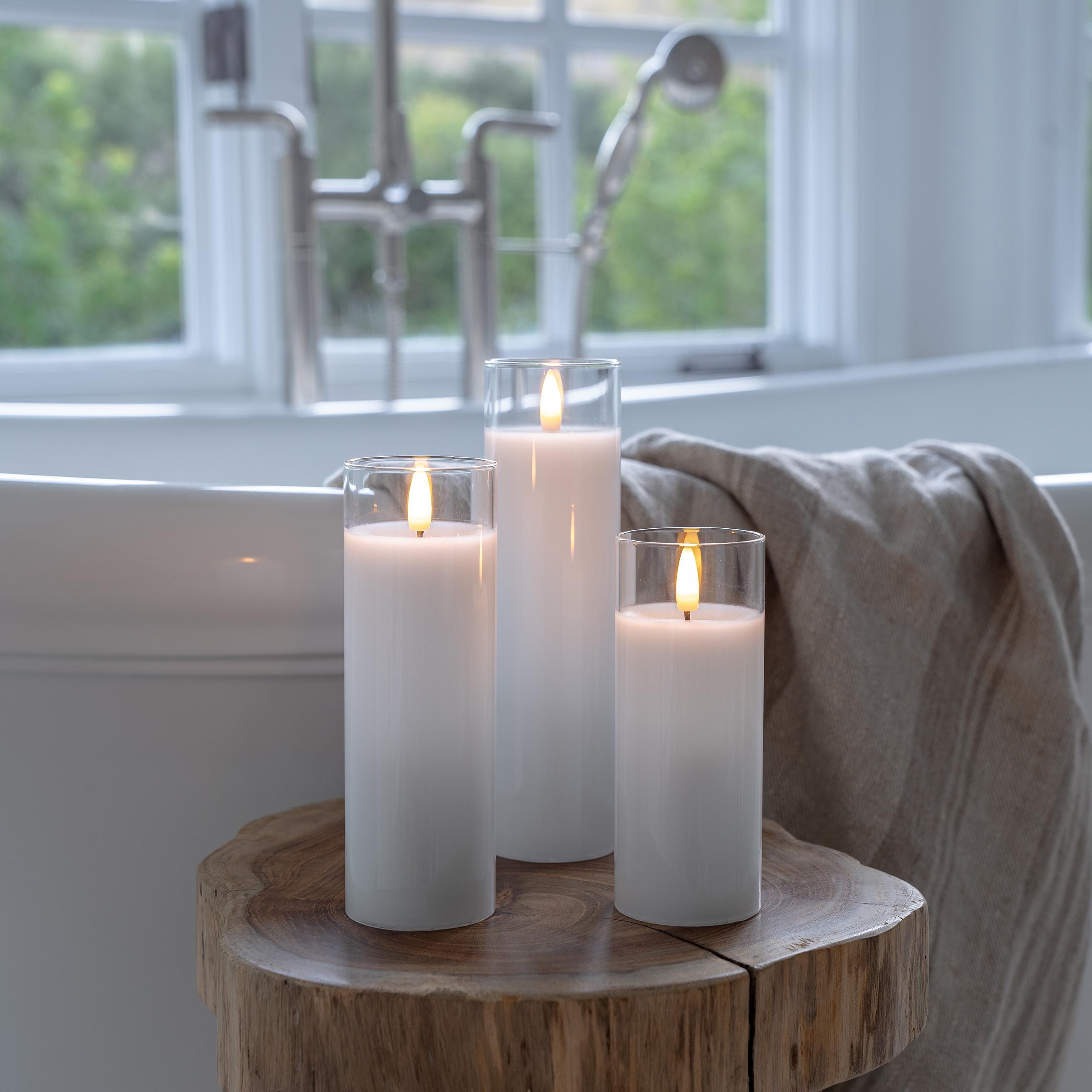 White Pillar Flameless LED Glass Candle Set of 3 – Battery Operated with Remote &amp; Timer, Safe Home Décor, Modern Ambient Lighting, Weddings