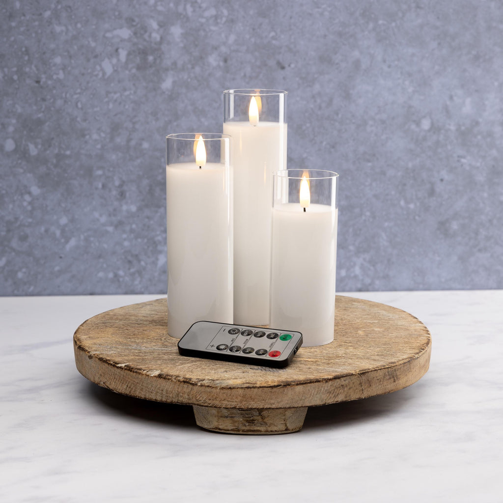 White Pillar Flameless LED Glass Candle Set of 3 – Battery Operated with Remote &amp; Timer, Safe Home Décor, Modern Ambient Lighting, Weddings
