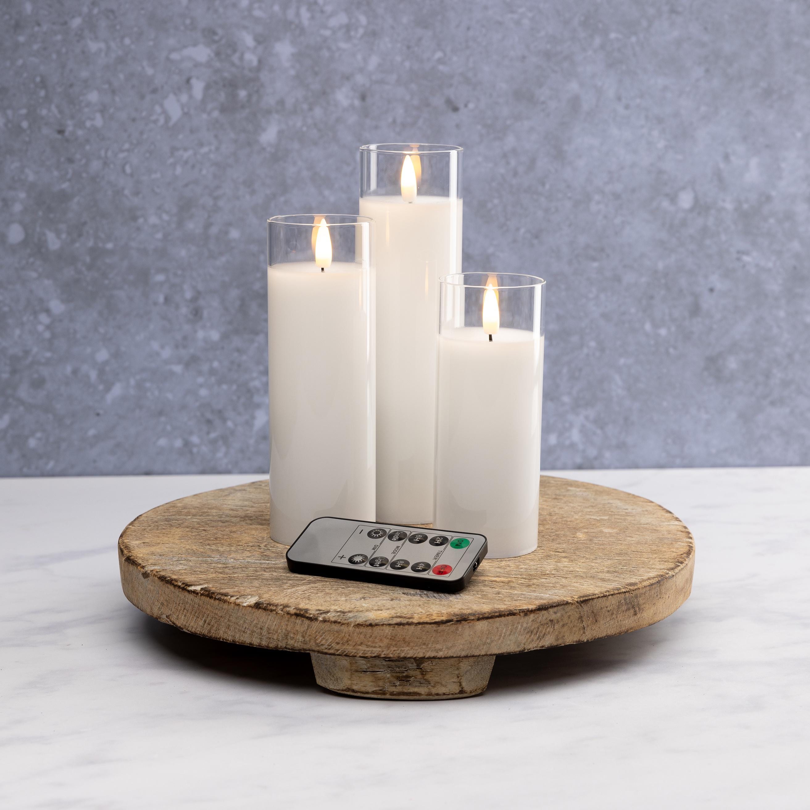 White Pillar Flameless LED Glass Candle Set of 3 – Battery Operated with Remote &amp; Timer, Safe Home Décor, Modern Ambient Lighting, Weddings