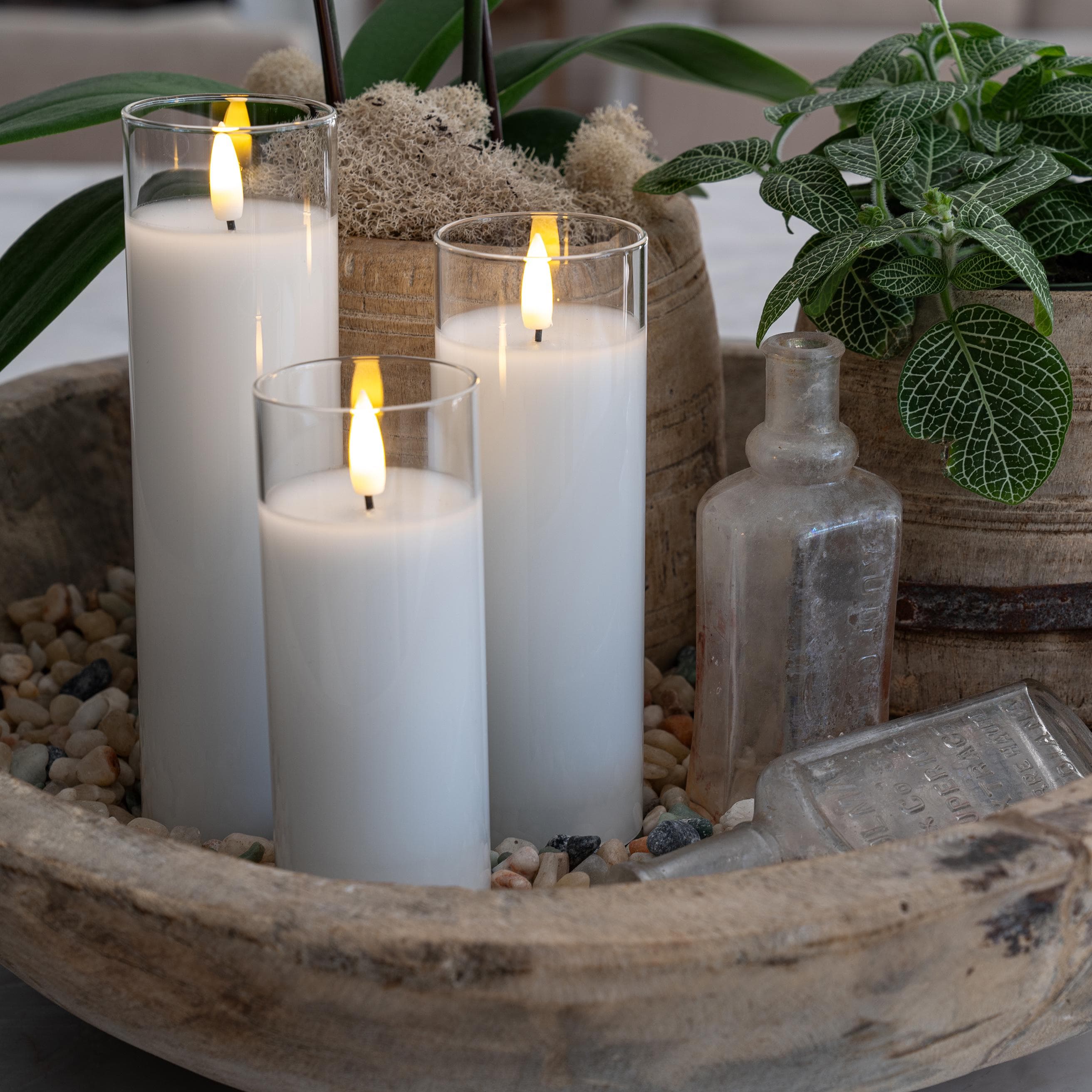 White Pillar Flameless LED Glass Candle Set of 3 – Battery Operated with Remote &amp; Timer, Safe Home Décor, Modern Ambient Lighting, Weddings