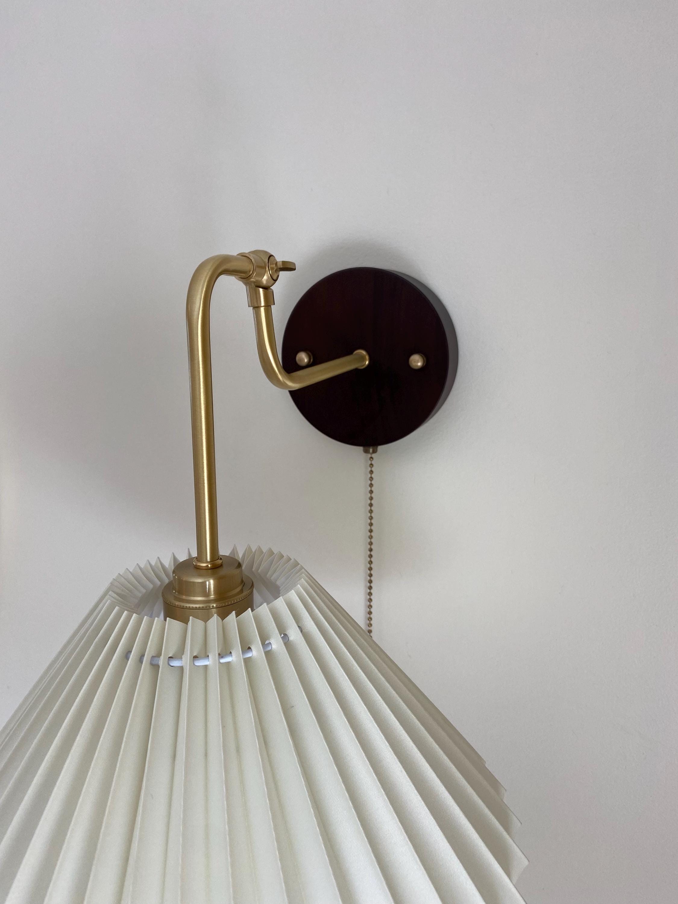 Brass Wall Sconce with Pleated Shade – Plug-In or Hardwired Pull Chain Light | Vintage-Inspired Modern Wall Lamp for Bedroom & Living Room