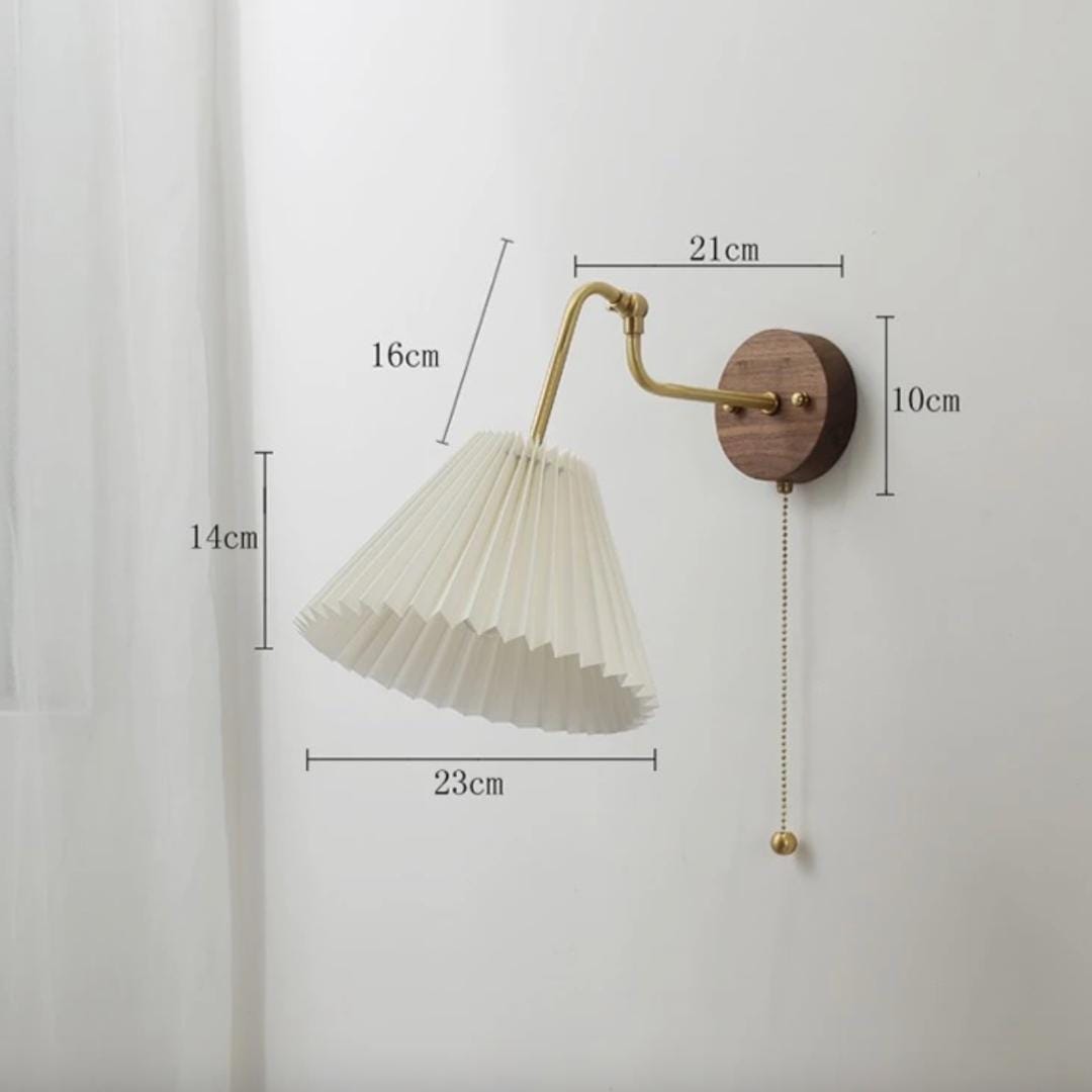 Brass Wall Sconce with Pleated Shade – Plug-In or Hardwired Pull Chain Light | Vintage-Inspired Modern Wall Lamp for Bedroom & Living Room