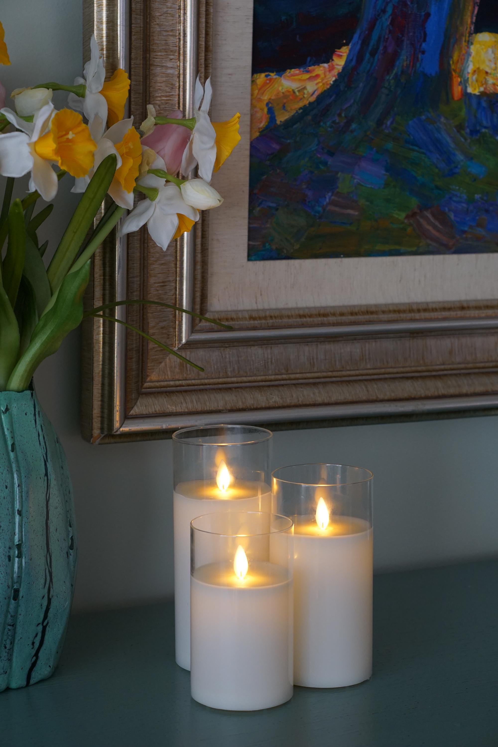 Flameless LED Candle Set: Flickering Wick Glass Pillar, Remote Timer, White