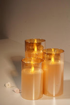 Flameless LED Candle Set: Flickering Wick Glass Pillar, Remote Timer, Amber