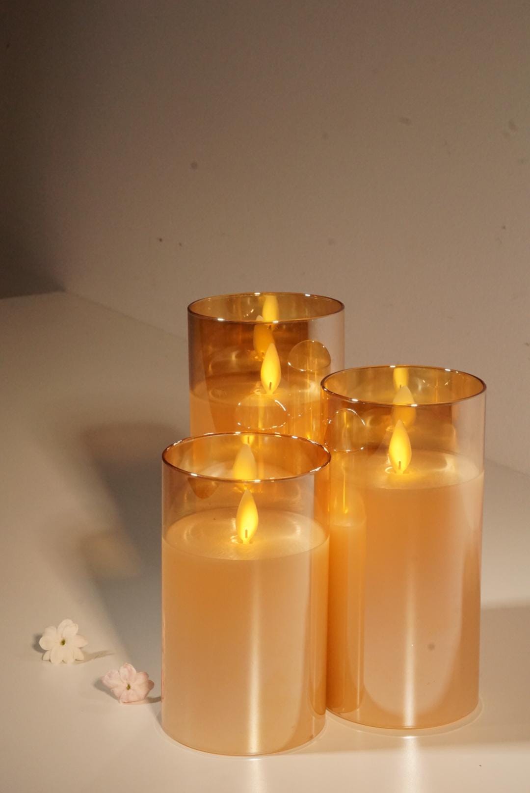 Flameless LED Candle Set: Flickering Wick Glass Pillar, Remote Timer, Amber