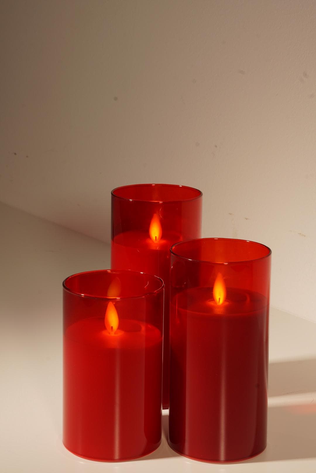 Flameless LED Candle Set: Flickering Wick Glass Pillar, Remote Timer, Red